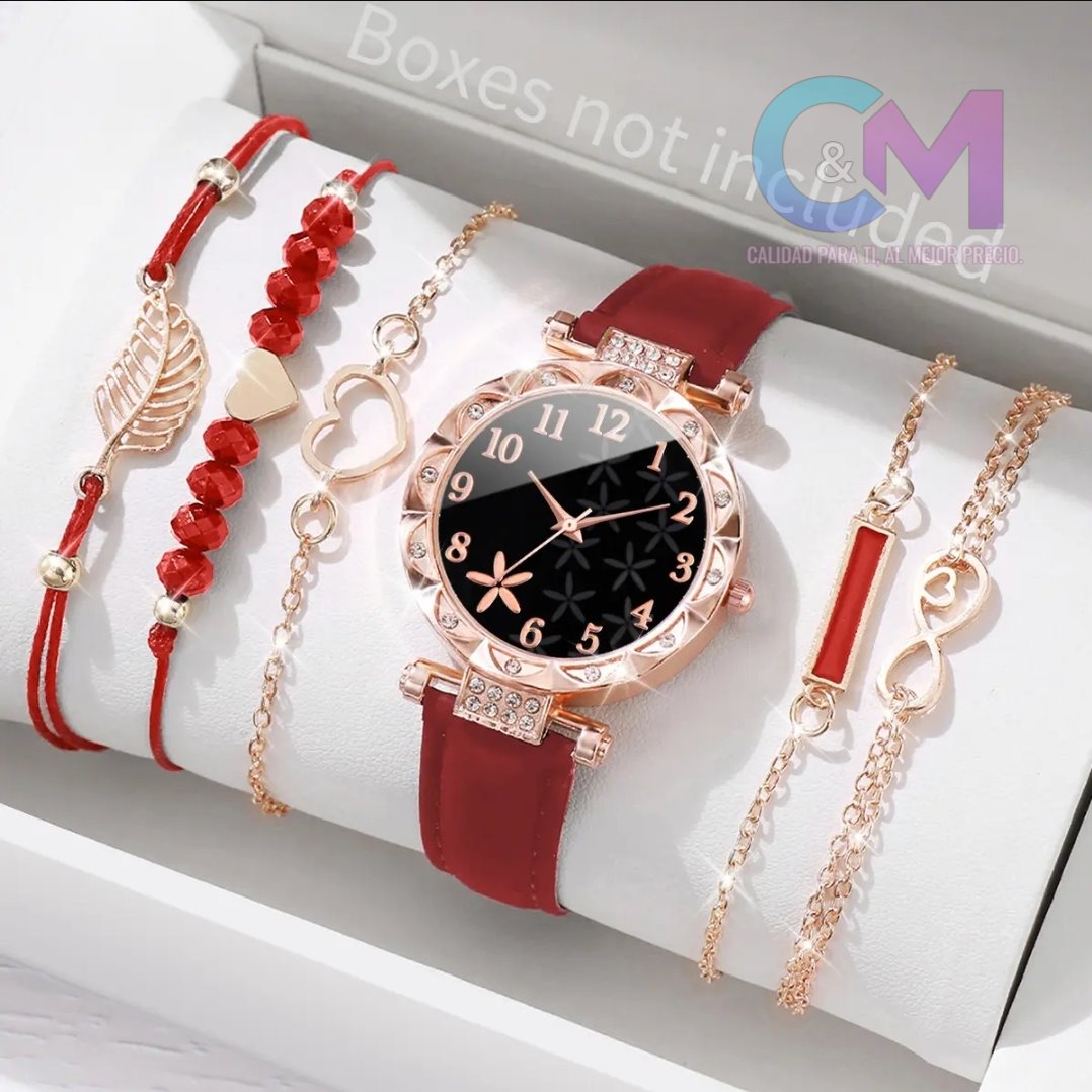 RELOJ DE CENTRO COLO NEGRO CONTORNO CROMADO ORO Y DE CORREA ROJA, CON PULSERASR65